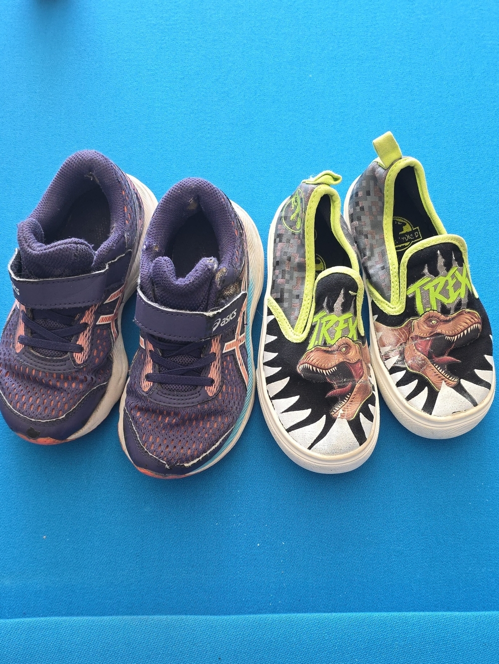 ASICS Kids Navy and Pink Mesh Sneakers + Dinosaur Slip-Ons with Green Trim